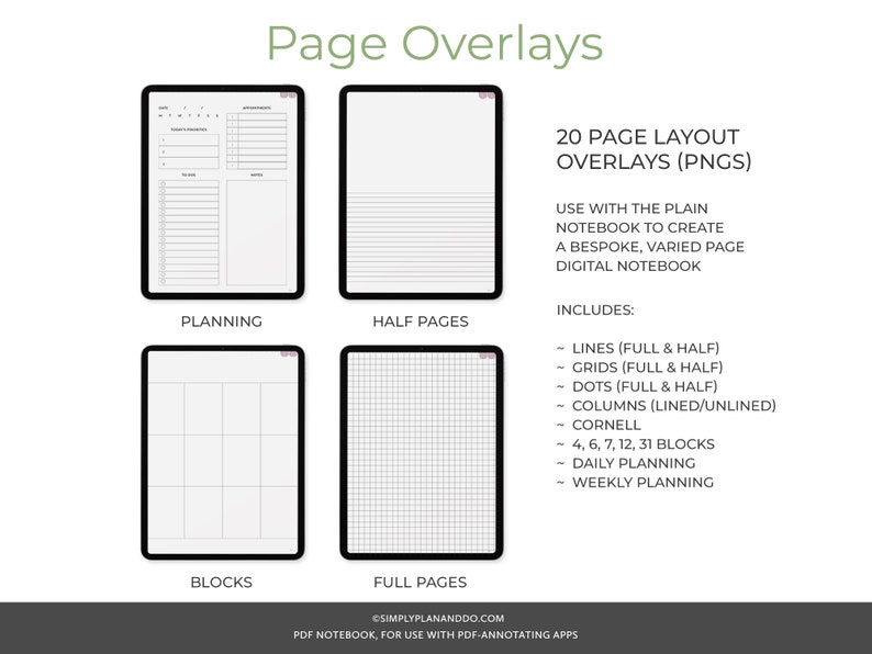 May include: A digital planner with 20 page layout overlays in PNG format. The overlays include lines, grids, dots, columns, Cornell, and blocks in various sizes. Use these overlays with a plain notebook to create a bespoke, varied page digital notebook.