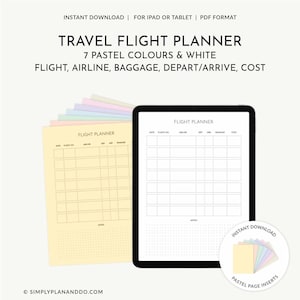 Página digital de planejamento de viagens, modelo de itinerário para voos, tamanho A4 e Carta, use com Goodnotes, Noteshelf etc.