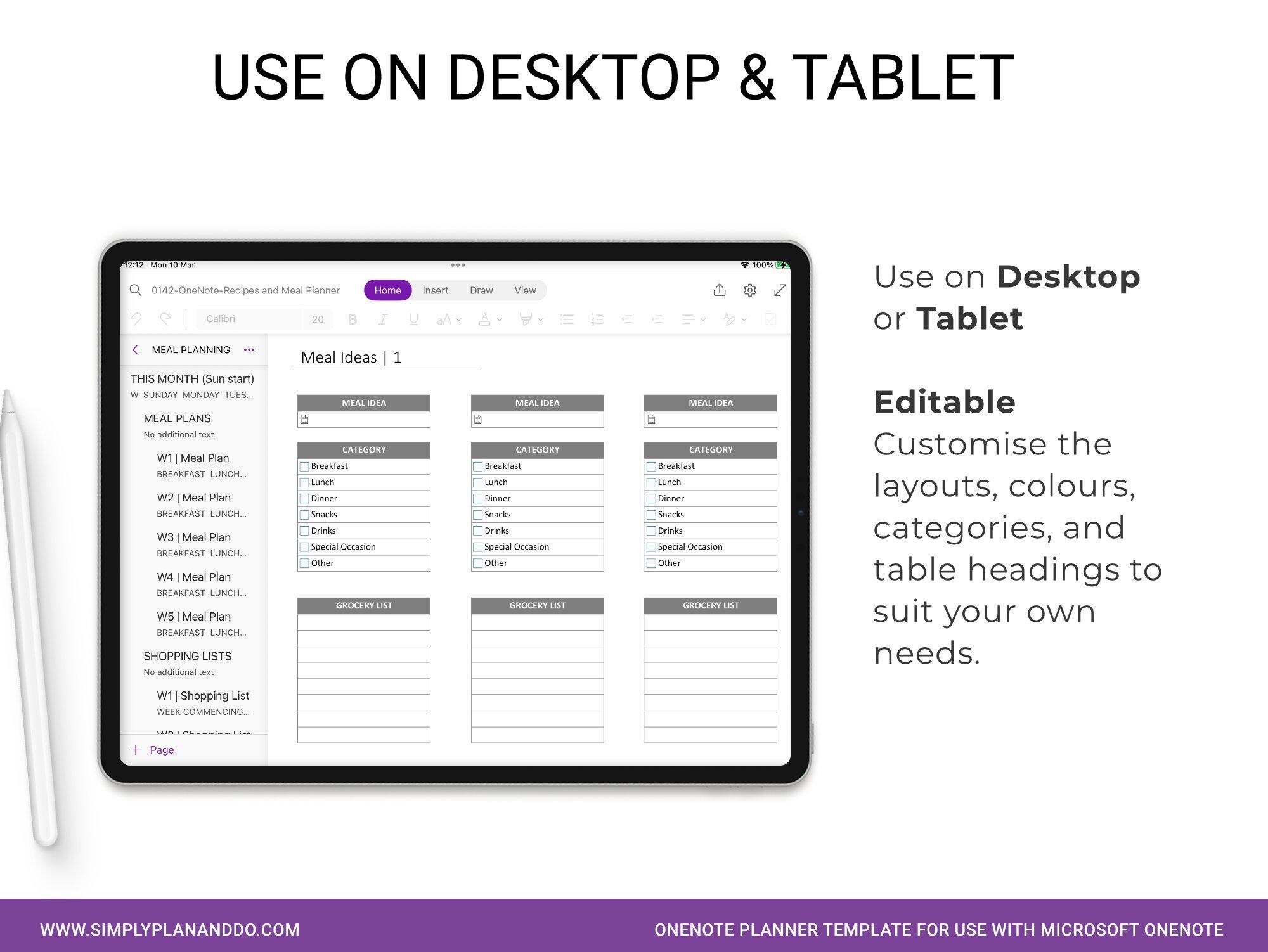 Onenote Recipe Book & Meal Planner: Digital Template (PDF) - Etsy