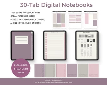 3 x 30-Tab Digital Notebooks | Plain, Lined & Half-Lined | for GoodNotes, Notability, iPad, Journal and Student Notebook