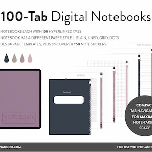 May include: Four digital notebooks with 100 hyperlinked tabs each. Each notebook has a different paper style: plain, lined, grid, and dots. Includes 34 page templates, 30 covers, and 150 note stickers.  The notebooks are shown in four different colors: dark blue, gray, pink, and light pink.