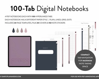 100-Tab Digitale Notizbücher: Unbeschriftet, Liniert, Punkt, Gitter (PDF)