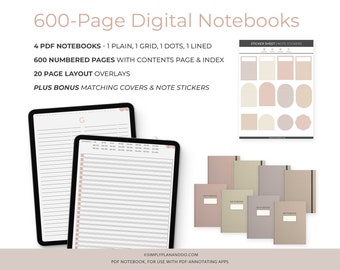 May include: Four digital notebooks with 600 numbered pages each. The notebooks are in a plain, grid, dot, and lined style. The image shows a preview of the notebooks on a tablet screen and a sticker sheet with various shapes and sizes. The text "600-Page Digital Notebooks" is at the top of the image.