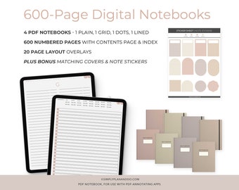 Four 600-Page Digital PDF Notebooks | Hyperlinked Contents + Index | for GoodNotes, Notability, iPad, Journal and Student Notebook