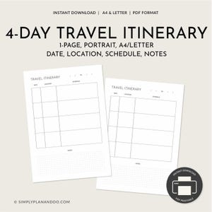 Planificador de viaje imprimible, plantilla de viaje de vacaciones para itinerario de 4 días, un planificador vertical de una página en A4 y carta