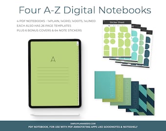 A to Z Digital Notebooks: Plain, Grid, Dots, Lined (PDF) + Stickers & Covers