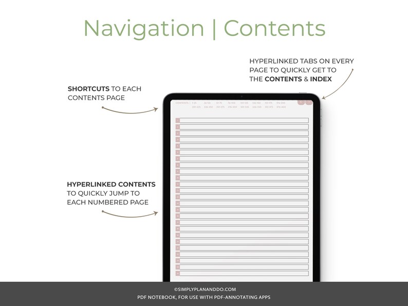 May include: A digital planner with a white background and black lines. The planner has a table of contents with hyperlinked tabs on every page to quickly get to the contents and index. The planner also has shortcuts to each contents page and hyperlinked contents to quickly jump to each numbered page.