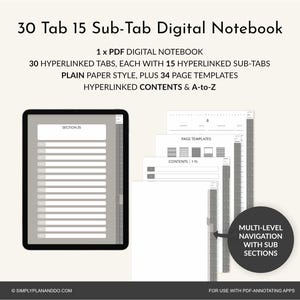 May include: A digital notebook with 30 tabs and 15 sub-tabs, featuring a plain paper style and 34 page templates. The notebook includes hyperlinked contents and A-to-Z sections. The image shows a tablet with the notebook open, and a stack of pages.