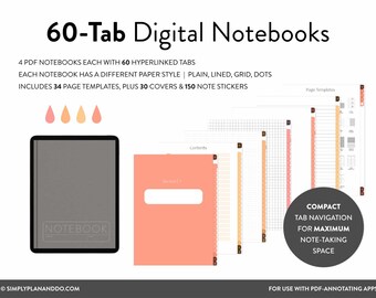 60-Tab Digital Notebooks: Lined, Grid, Dot + 150 Stickers (PDF)