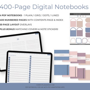 Four 400-Page Digital PDF Notebooks | Hyperlinked Contents + Index | for GoodNotes, Notability, iPad, Journal and Student Notebook