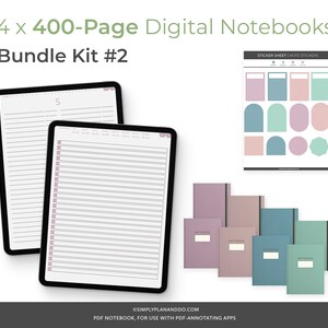 May include: Four digital notebooks with 400 pages each. The notebooks are displayed on a tablet screen. The notebooks are in a bundle kit and include a sticker sheet with various shapes and colors. The text on the image reads "4 x 400-Page Digital Notebooks Bundle Kit #2".