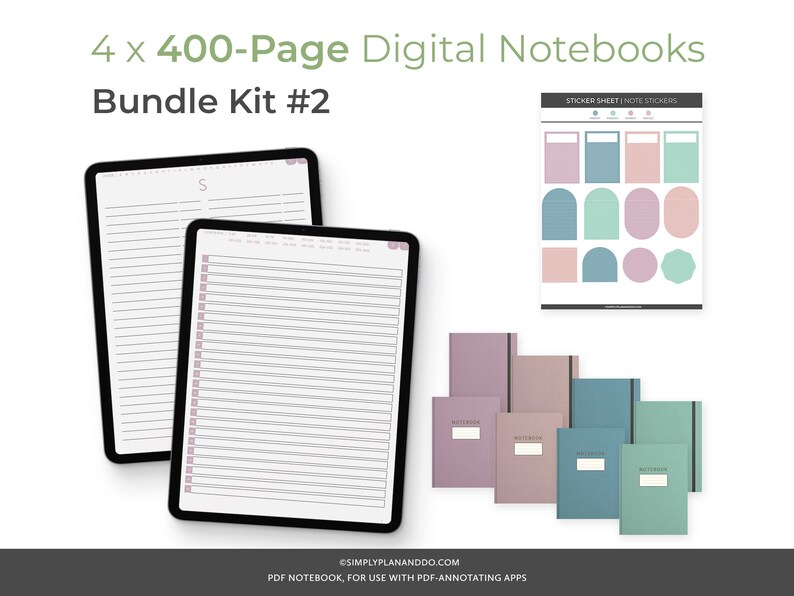 May include: Four digital notebooks with 400 pages each. The notebooks are displayed on a tablet screen. The notebooks are in a bundle kit and include a sticker sheet with various shapes and colors. The text on the image reads "4 x 400-Page Digital Notebooks Bundle Kit #2".
