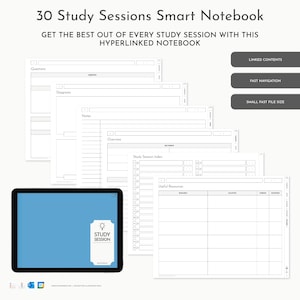 Puede incluir: Un cuaderno digital inteligente titulado 30 Study Sessions Smart Notebook con páginas hipervinculadas. La interfaz muestra varias plantillas que incluyen Questions, Diagrams, Notes, Overview, Study Session Index y Useful Resources en una pantalla de tableta.