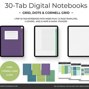 May include: Three digital notebooks with 30 tabs each, featuring grid, dot, and Cornell grid layouts. The notebooks are displayed on a tablet screen. The image also shows 23 page templates, 6 covers, and 22 note and washi stickers.