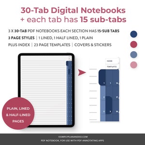 Puede incluir: Un cuaderno digital con 30 pestañas, cada una con 15 subpestañas. El cuaderno tiene 3 estilos de página: rayado, medio rayado y liso. También incluye un índice y 23 plantillas de página. El cuaderno está disponible en azul, rojo y rosa.