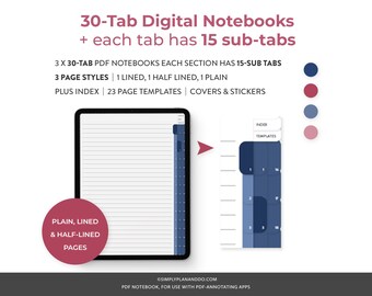 Cuadernos digitales de 30 pestañas: rayado, liso, media raya (PDF)