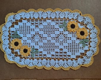 MADE TO ORDER, Handmade Crocheted Sunflower Doily, Sunflower Decor, Oval Doily, Pineapple Design - 18" x 11"