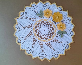 MADE TO ORDER, Handmade Crocheted Round Doily with Yellow Roses, 13"