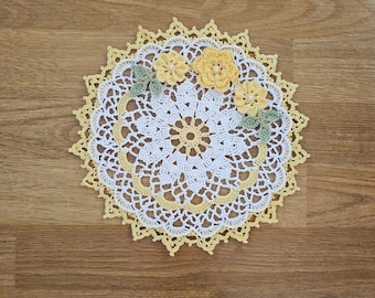 MADE TO ORDER, Handmade Crocheted Yellow Doily with Flowers, 10"