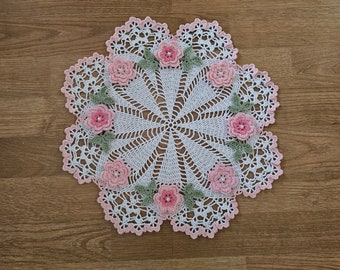 MADE TO ORDER, Handmade Crocheted Doily, Pink with Flowers, 15"