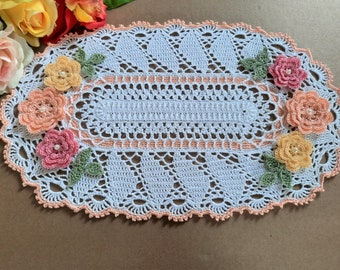 MADE TO ORDER, Handmade Crocheted Peach Oval Doily with Pink, Peach and Yellow Roses, 18" x 11"