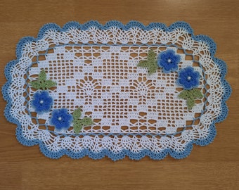 MADE TO ORDER, Handmade Crocheted Oval Doily with Blue Roses, 18" x 11"