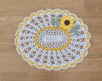 MADE TO ORDER, Handmade Crocheted Oval Doily, Yellow Sunflowers, 11" x 9"