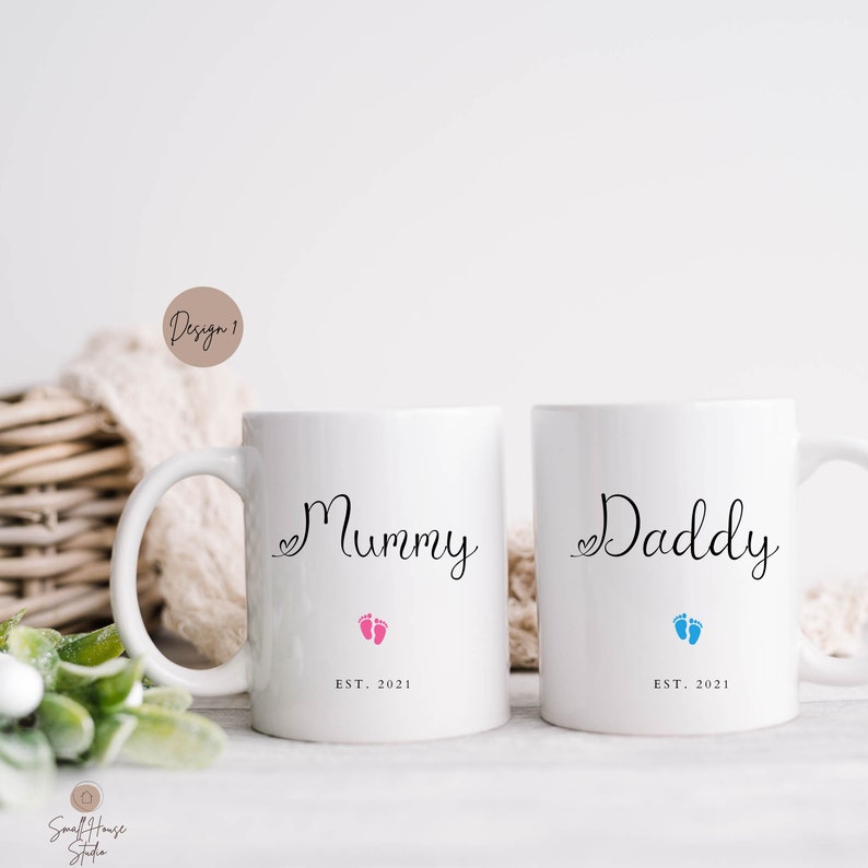 MOM DAD MUG Set, Matching Mugs, Modern New Parents Announcement Mug