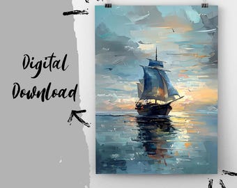 Lámina con imagen de un velero al atardecer: Arte mural impresionista de paisajes marinos (Descarga digital)