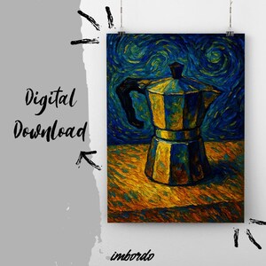 May include: A digital print of a coffee maker in the style of Van Gogh. The image shows a yellow and blue coffee pot set against a swirling blue and yellow background. The words "Digital Download" are on the left side of the image.