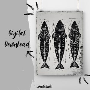 Digital Download - Linocut Fish Print – Black and White Modern Coastal Wall Art - Scandinavian Style - Seafood Poster - Minimal Kitchen Art