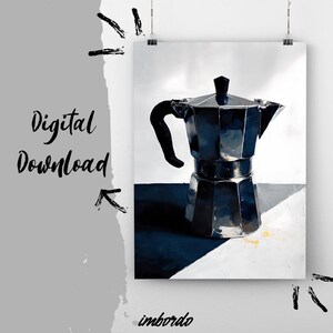 Może przedstawiać: Cyfrowy wydruk przedstawiający ciemnoniebieski ekspres do kawy. Obraz jest osadzony na tle bieli i ciemnoniebieskiego, ze słowami "Digital Download" w czarnym skrypcie. Nazwisko artysty, "imbordo", znajduje się na dole.