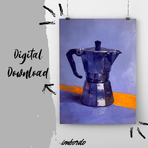 Może przedstawiać: Obraz ciemnoniebieskiego ekspresu do kawy na fioletowym tle z pomarańczowym paskiem. Słowa "Digital Download" są napisane czarnym pismem po lewej stronie obrazu. Podpis artysty "imbordo" znajduje się na dole.