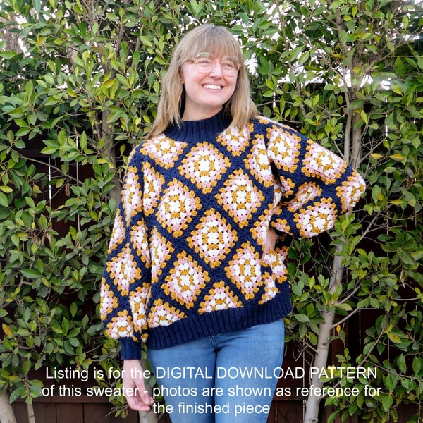 Bells and Petals Pullover DIGITAL DOWNLOAD PATTERN - Vintage Inspired Granny Square Crochet and Knit Sweater