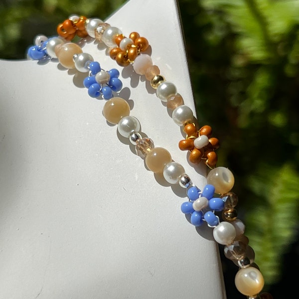 Flower Beaded Anklet | Summer Beachy Anklet Seed Beads Pearls Shells