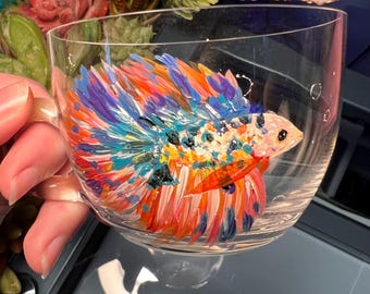 Hand painted glass betta fish teacup