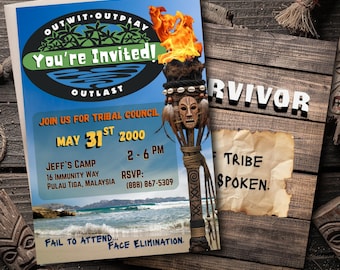 Survivor Themed Invitation Template | Digital Invite | TV Show | Birthday Party | Island Tribe Party | Instant Canva Download