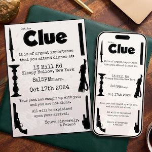 Plantilla de invitación editable con temática de pista / Invitación digital / Noche de juegos de mesa / Misterio de asesinato / Cena de Halloween / Canva instantáneo
