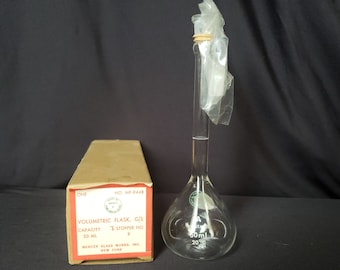 Vintage Merco of Pyrex Brand Glass 50 ml Volumetric Flask with Original Stopper and White Markings - Made in the USA