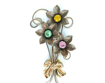 Vintage Copper and Gold Tone Floral Brooch Pin with Rhinestone Accents