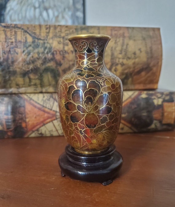 Vintage Miniature Chinese Cloisonne Vase Brown Floral Etsy