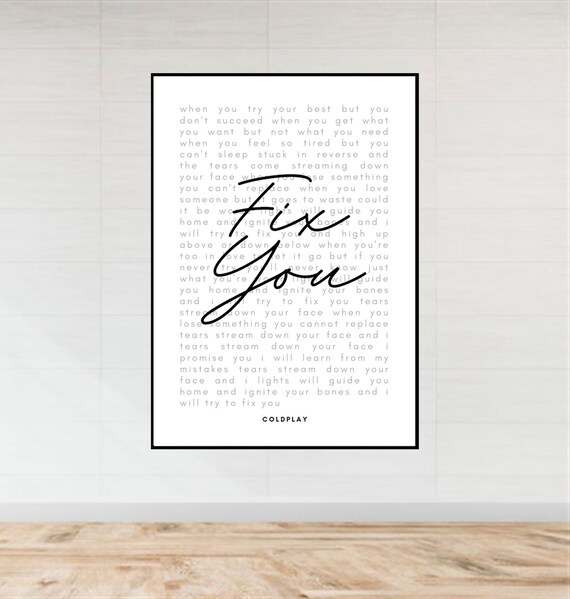 Coldplay Wall Art: Fix You Lyrics Poster; Song Lyrics Home Decorations