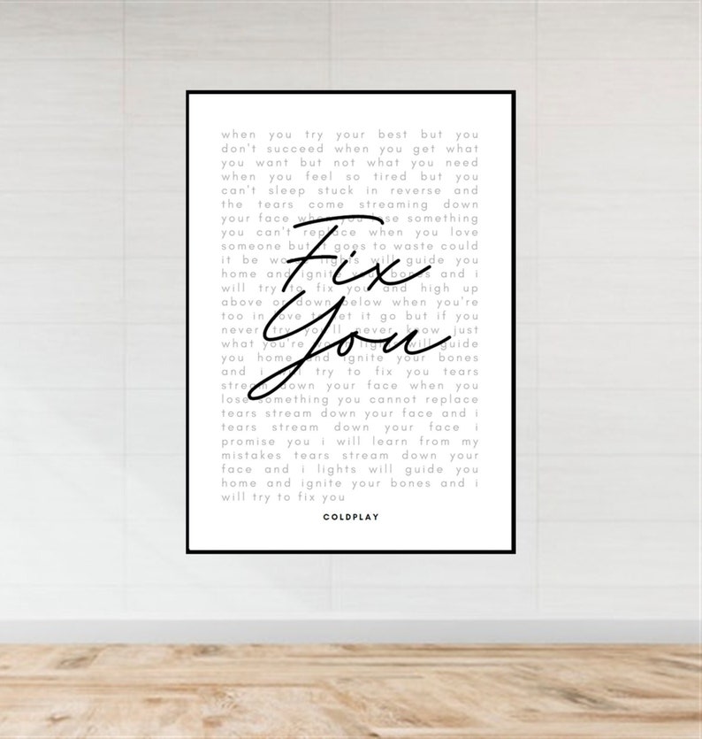Coldplay Wall Art Fix You Lyrics Poster Song Lyrics Home Etsy