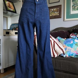 70s Seafarer blue denim jeans/poly cotton/bellbottom/wide leg jeans/seventies fashion