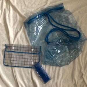May include: A collection of clear, blue-trimmed, grid-patterned bags and pouches. Includes a drawstring bag, a small pouch with snap closures, and a comb in a clear case. The bags are made of a transparent material.