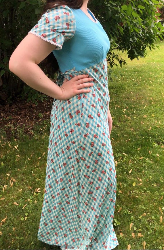 1970s Floral Gingham Dress - JC Penny Cottagecore Boho
