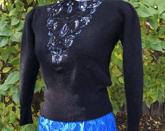 1980s sweater with v neck sequin and beaded motif/1980s glam/office wear