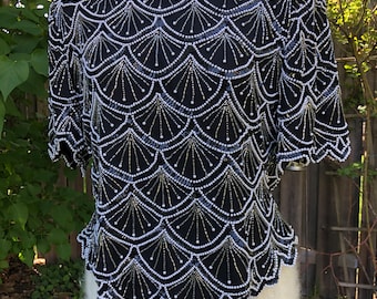 1980s/90s beaded top/Laurence Kazar New York/formal wear/made in India/nineties aesthetic/beaded top/beads/pearls/sequins