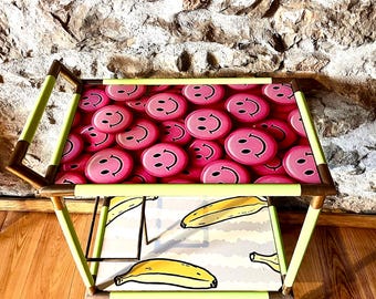 Restored vintage bar cart • Pop art side table • Pink smiley face and bananas • Unique piece • Retro kitsch aesthetic