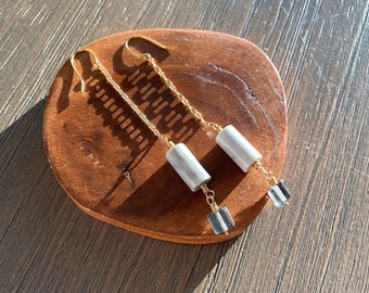 Jasper Barrel Earrings Vintage Gemstone Dangle Earrings Gold Chain Drop Earrings Rustic Wire Wrapped Artisan Earrings